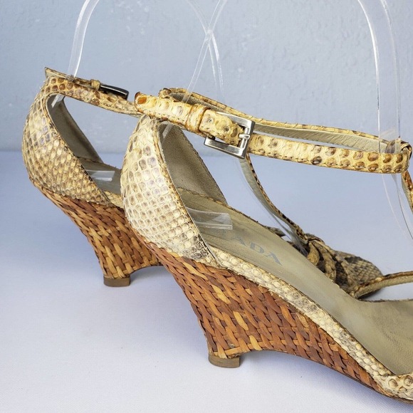Prada Snake Leather Ankle Strap Woven Raffia Wedge Heel Sandals Size 36.5 Italy - Picture 5 of 16